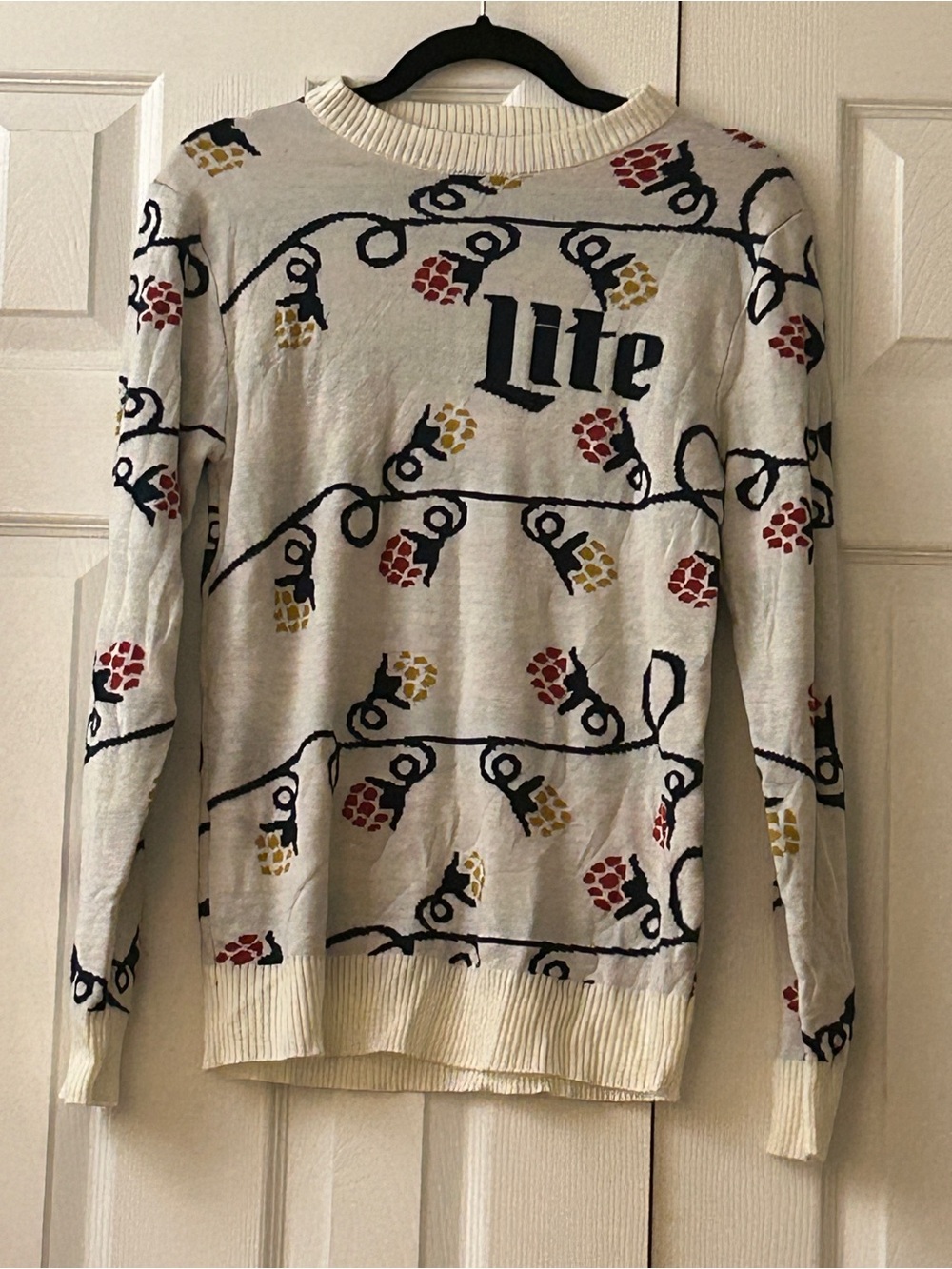 Vintage Style Miller Lite Beer Holiday Sweater S Off White Knit Hop Lights Gorp
